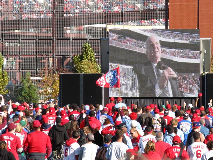 Charlie Manuel Speaking At Lincoln Financial Field On Screen Outside Citizens Bank Park, 2008 Phillies World Series Parade Rally, South Philadelphia, Philadelphia, Pennsylvania, October 31, 2008, 3:32 p.m.