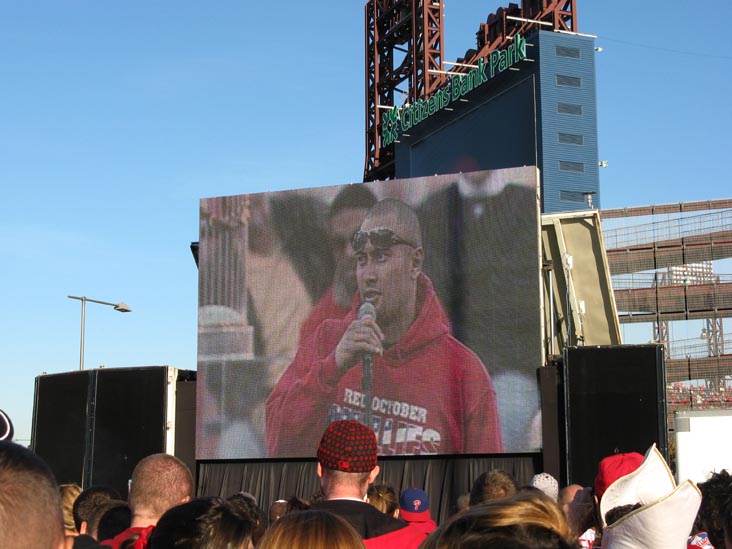 Shane Victorino Speaking To Crowd On Screen Outside Citizens Bank Park, 2008 Phillies World Series Parade Rally, South Philadelphia, Philadelphia, Pennsylvania, October 31, 2008, 4:32 p.m.