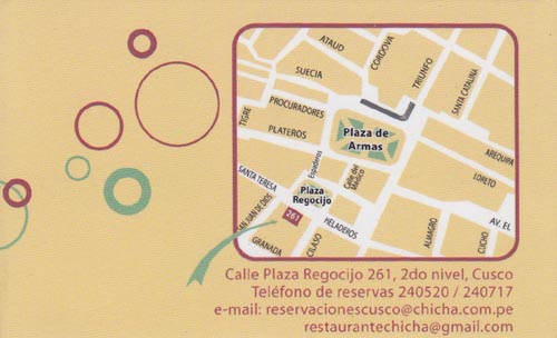 Business Card, Chicha por Gastón Acurio, Calle Plaza Regocijo, 261, 2do Nivel, Cusco, Peru
