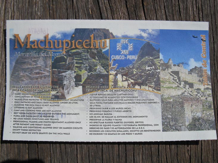 Ticket/Boleta de Visita, Machu Picchu, Peru
