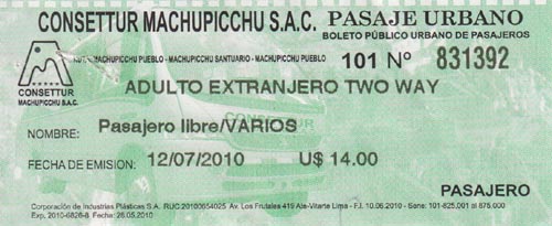 Machu Picchu Bus Ticket Stub