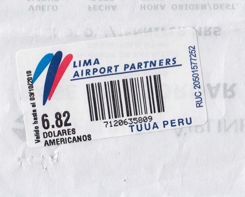 Domestic Departure Tax Receipt, Aeropuerto Internacional Jorge Chávez/Jorge Chávez International Airport, Callao, Lima, Peru