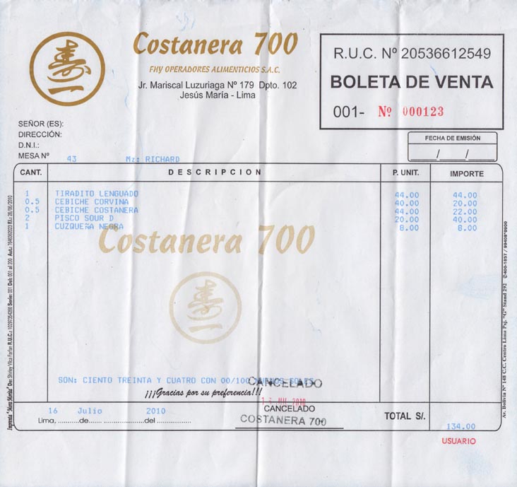 Check, Restaurant Costanera 700, Avenida Del Ejército, 421, Miraflores, Lima, Peru