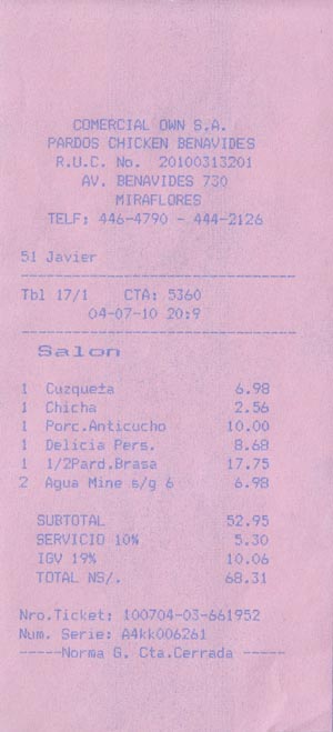 Receipt, Pardo's Chicken, Avenida Benavides, 730, Miraflores, Lima, Peru