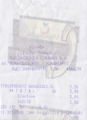 Receipt, Vivanda Benavides, Avenida Benavides, 495, Miraflores, Lima, Peru