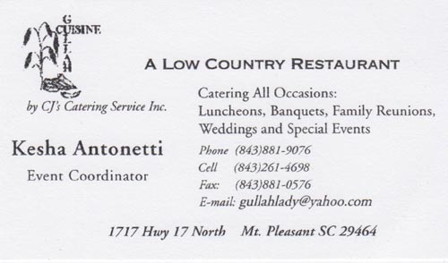 Business Card, Gullah Cuisine, 1717 Highway 17 North, Mt. Pleasant, South Carolina