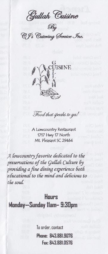 Menu, Gullah Cuisine, 1717 Highway 17 North, Mt. Pleasant, South Carolina