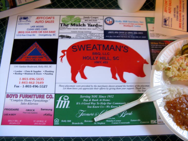 Placemat, Sweatman's Bar-B-Que, 1427 Eutaw Road (Highway 453), Holly Hill, South Carolina