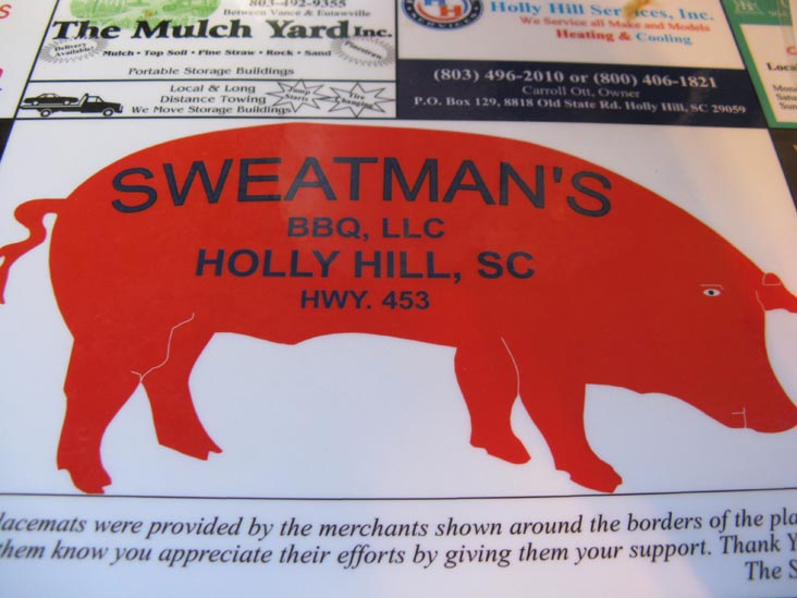 Placemat, Sweatman's Bar-B-Que, 1427 Eutaw Road (Highway 453), Holly Hill, South Carolina