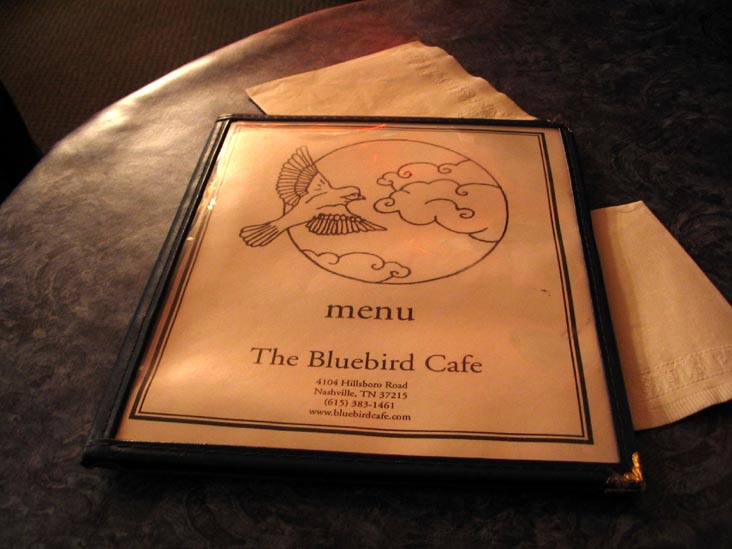 Menu, The Bluebird Cafe, 4104 Hillsboro Road, Nashville, Tennessee