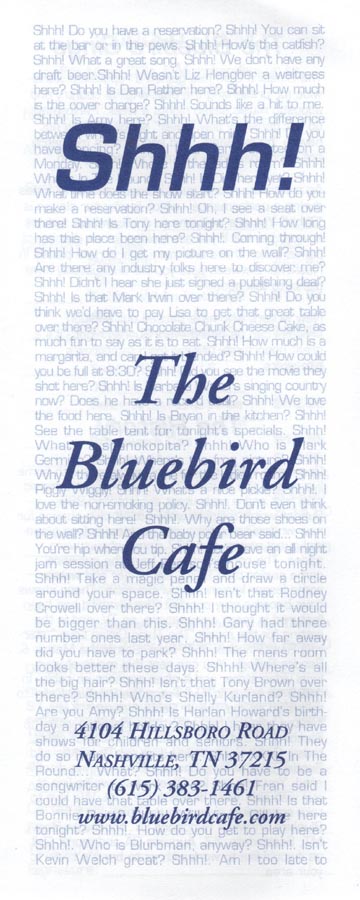 Brochure, The Bluebird Cafe, 4104 Hillsboro Road, Nashville, Tennessee