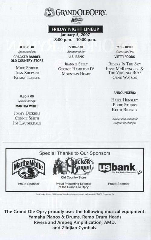 Program, Grand Ole Opry, Ryman Auditorium, Nashville, Tennessee, January 5, 2007