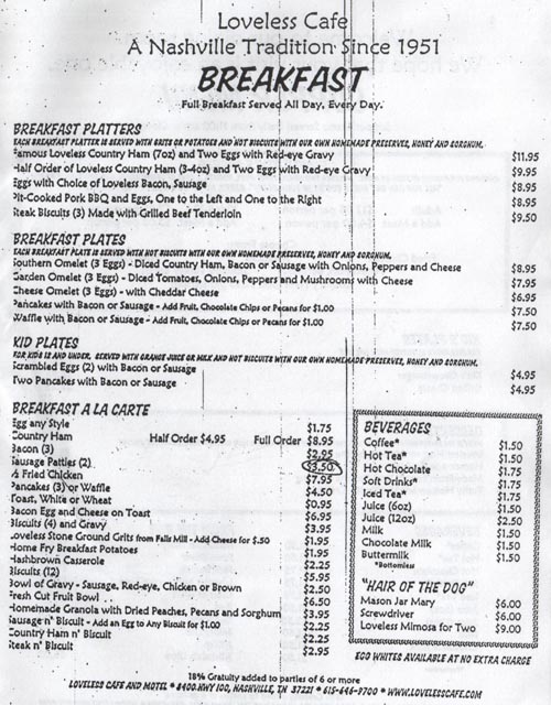 Breakfast Menu, Loveless Cafe, 8400 Highway 100, Nashville, Tennessee
