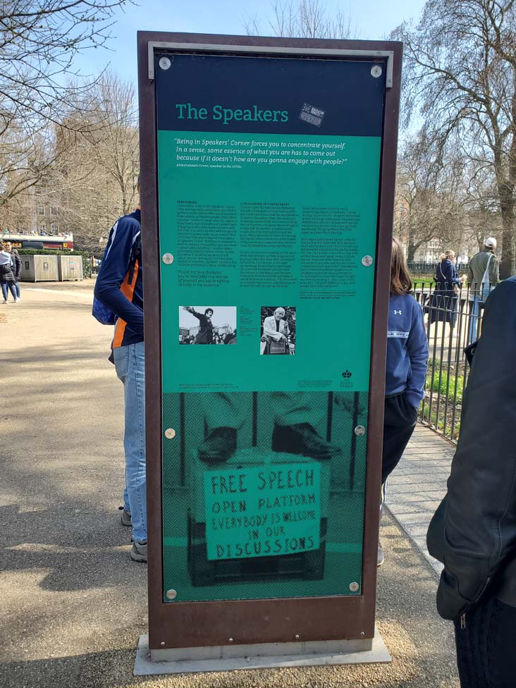 Speakers' Corner Interpretive Plaque, Hyde Park, London, England, April 9, 2023