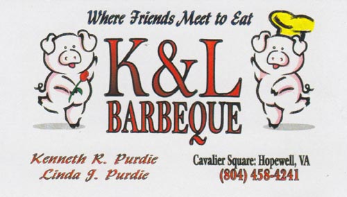 Business Card, K & L Barbeque, 5 Cavalier Square, Hopewell, Virginia