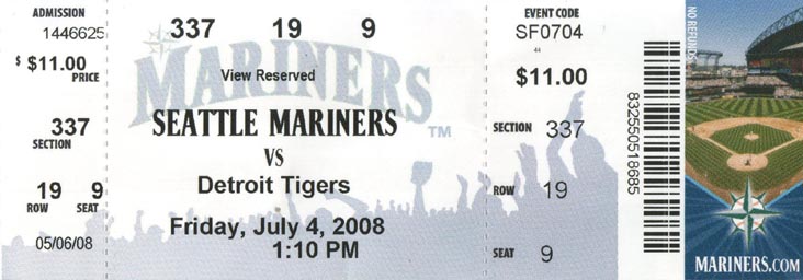 Ticket, Seattle Mariners vs. Detriot Tigers, Safeco Field, Seattle, Washington, July 4, 2008