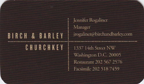 Business Card, Birch & Barley and Churchkey, 1337 14th Street NW, Washington, D.C.