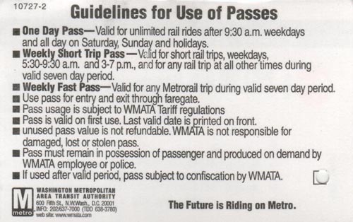 One Day Pass Guidelines, DC Metrorail, Washington, D.C.