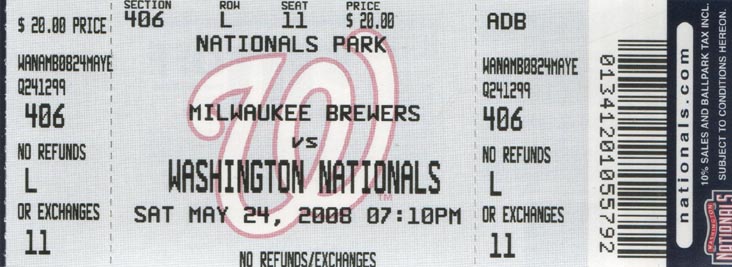 Ticket, Milwaukee Brewers vs. Washington Nationals, Nationals Park, Washington, D.C., May 24, 2008
