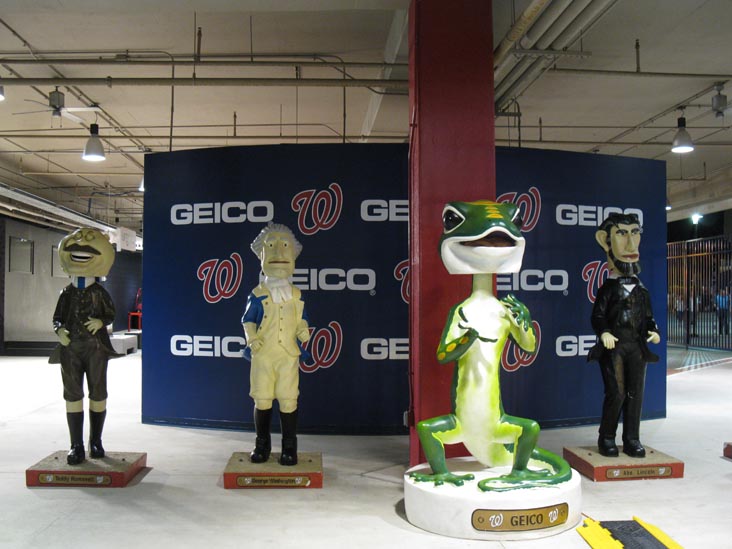 Presidents Race Contestants and GEICO Gecko, Nationals Park, Washington, D.C., August 14, 2010