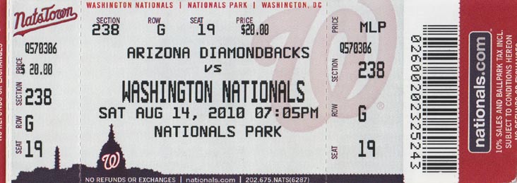 Ticket, Arizona Diamondbacks vs. Washington Nationals, Nationals Park, Washington, D.C., August 14, 2010
