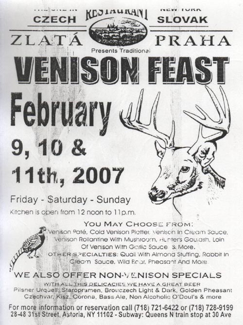 Venison Feast Flier, Zlata Praha, 28-48 31st Street, Astoria, Queens