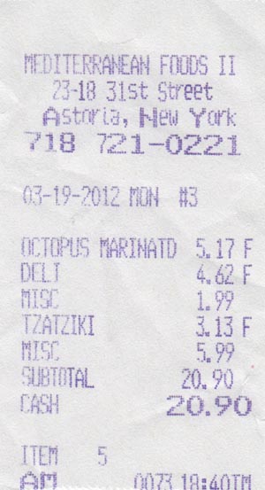 Receipt, Mediterranean Foods II, Agora Plaza, 23-18 31st Street, Astoria, Queens, March 19, 2012