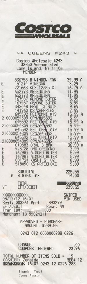 Receipt, Costco, 32-50 Vernon Boulevard, Astoria, Queens, August 12, 2012