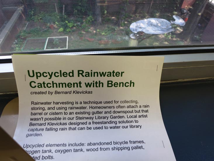 Upcycled Rainwater Catchment With Bench, Queens Library Steinway Branch, 21-45 31st Street, Astoria, Queens, July 17, 2013