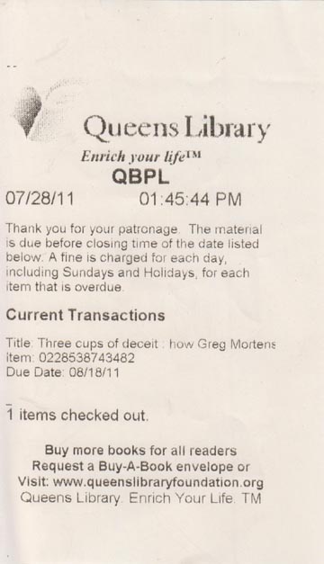 Receipt, Queens Library Steinway Branch, 21-45 31st Street, Astoria, Queens, July 28, 2011