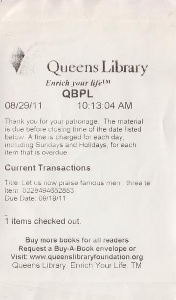 Receipt, Queens Library Steinway Branch, 21-45 31st Street, Astoria, Queens, August 29, 2011