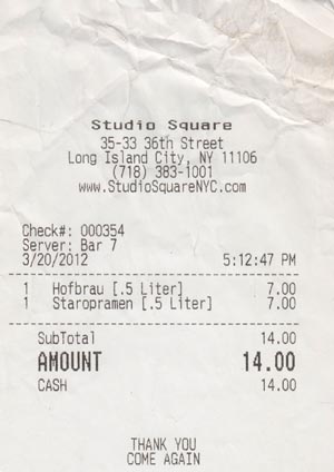 Receipt, Studio Square, 35-33 36th Street, Astoria, Queens, March 20, 2012