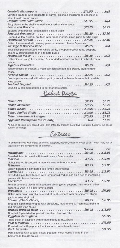 Pastas and Entrees, Cascarino's Menu, 14-60 College Point Boulevard, College Point, Queens