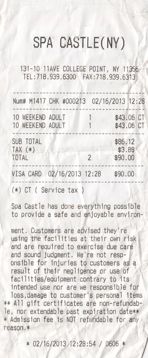 Receipt, Spa Castle, 131-10 11th Avenue, College Point, Queens, February 16, 2013