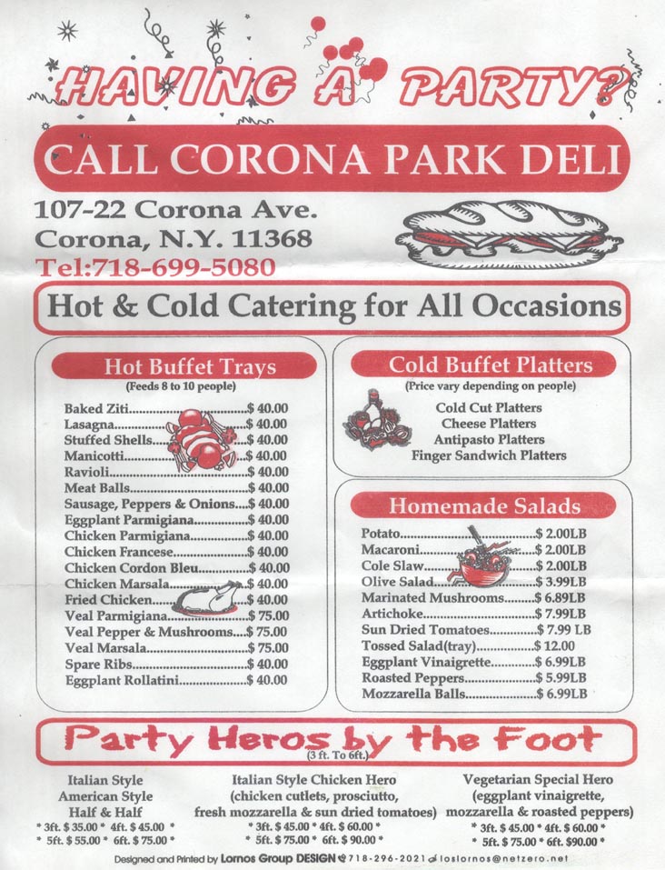 Corona Park Deli Catering Menu, 107-22 Corona Avenue, Corona, Queens