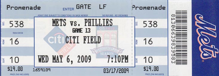 Ticket, New York Mets vs. Philadelphia Phillies, Citi Field, Flushing Meadows Corona Park, Queens, May 6, 2009