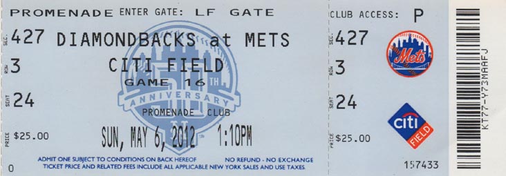 Ticket, New York Mets vs. Arizona Diamondbacks, Section 427, Citi Field, Flushing Meadows Corona Park, Queens, May 6, 2012