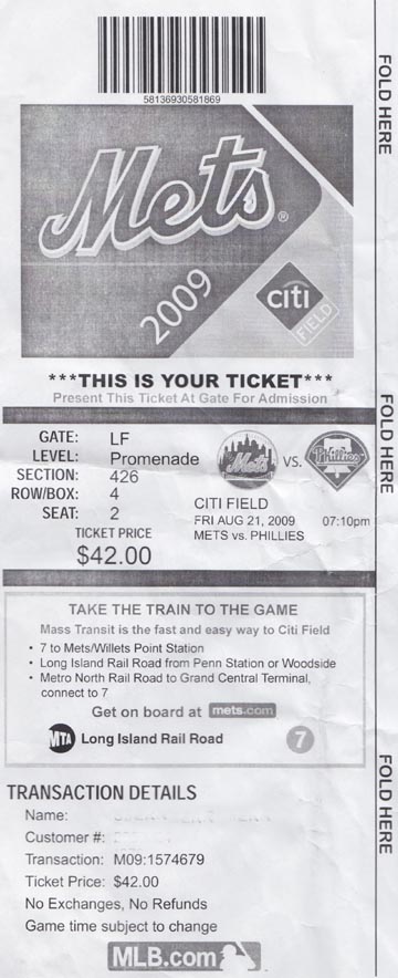 Ticket, New York Mets vs. Philadelphia Phillies, Section 426, Citi Field, Flushing Meadows Corona Park, Queens, August 21, 2009