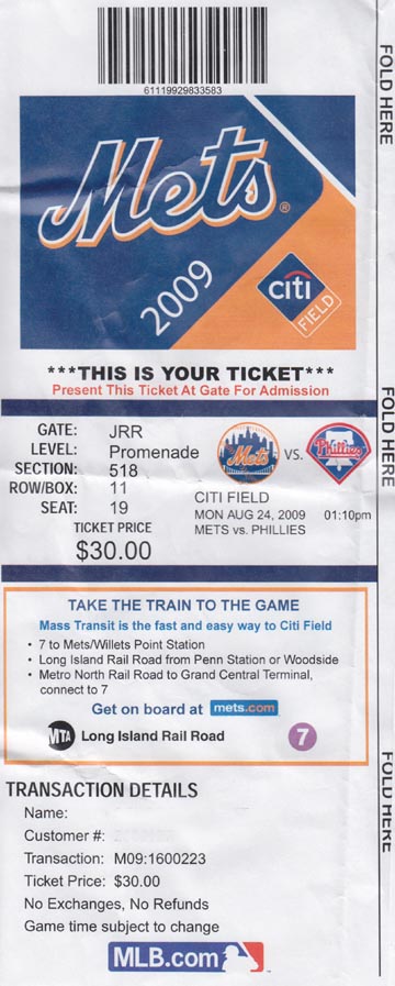 Ticket, New York Mets vs. Philadelphia Phillies, Citi Field, Flushing Meadows Corona Park, Queens, August 24, 2009