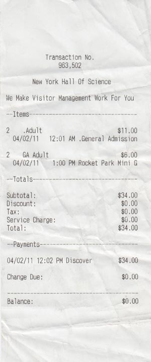 Receipt, New York Hall of Science, 47-01 111th Street, Flushing Meadows Corona Park, Queens