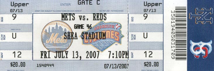 Ticket, Mets vs. Reds, July 13, 2007, Shea Stadium, Flushing Meadows Corona Park, Queens