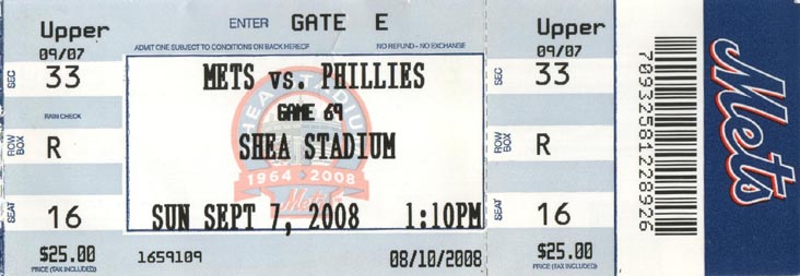 Ticket, New York Mets vs. Philadelphia Phillies, September 7, 2008, Shea Stadium, Flushing Meadows Corona Park, Queens