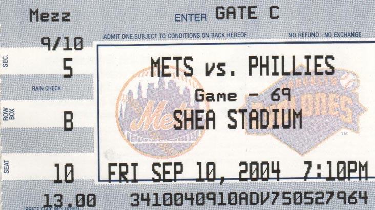 Ticket, Mets vs. Philadelphia Phillies, September 10, 2004, Shea Stadium, Flushing Meadows Corona Park, Queens