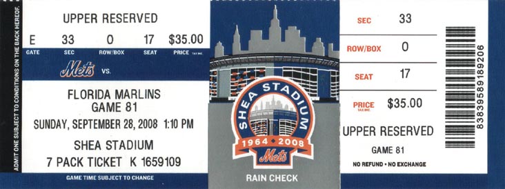 Ticket, New York Mets vs. Florida Marlins, September 28, 2008, Final Game at Shea Stadium, Flushing Meadows Corona Park, Queens