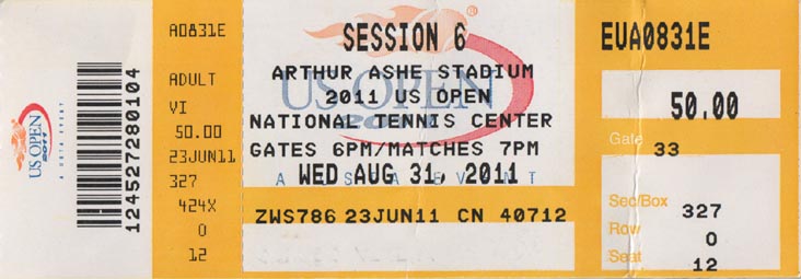 Ticket, US Open Night Session, Flushing Meadows Corona Park, Queens, August 31, 2011