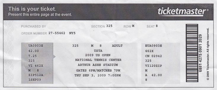 Ticket, US Open Night Session, Arthur Ashe Stadium, Flushing Meadows Corona Park, Queens, September 3, 2009