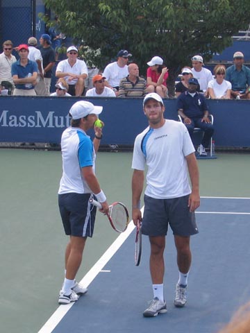 Jose Acasuso and Sebastian Prieto Conferring, Court 7, 2005 US Open, September 3, 2005, Flushing Meadows Corona Park, Queens
