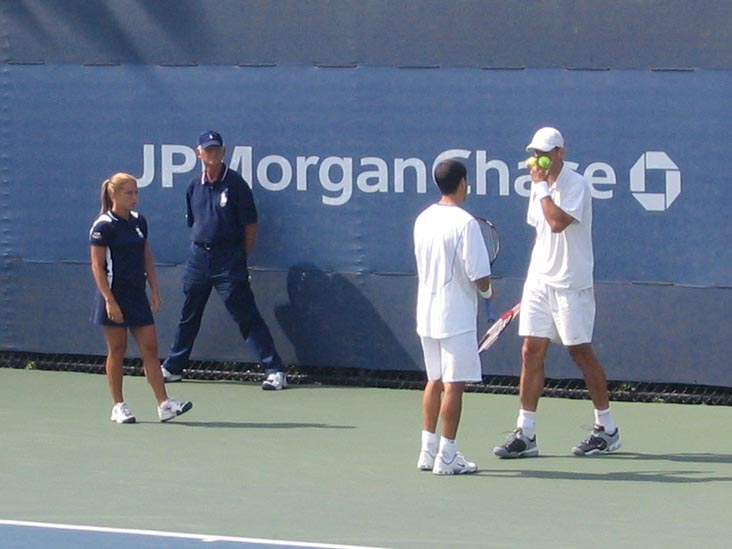 Paul Goldstein and Jim Thomas Conferring During Men's Doubles Match, Court 7, 2005 US Open, September 3, 2005, Flushing Meadows Corona Park, Queens