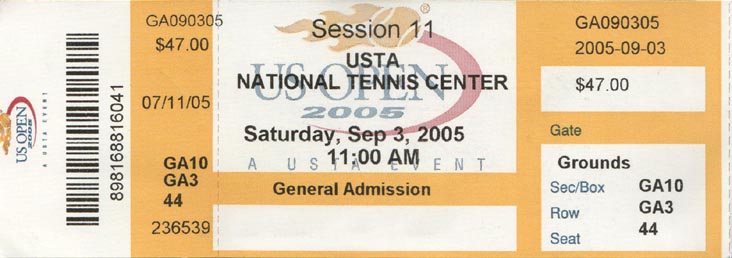 Ticket Stub, US Open Session 11, September 3, 2005