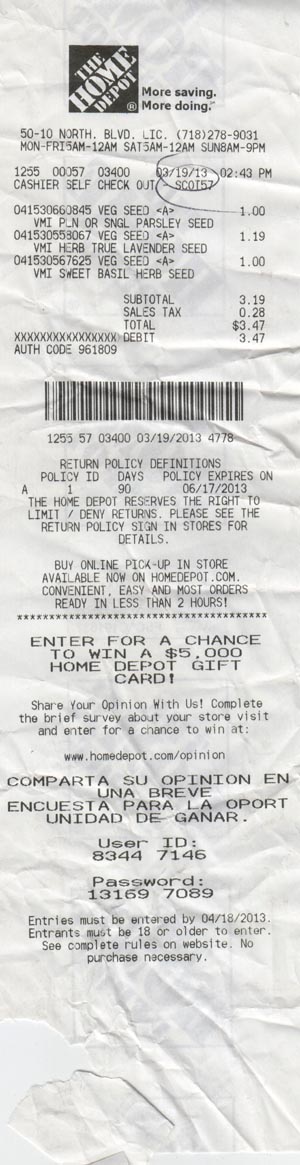 Receipt, Home Depot Long Island City #1255, 50-10 Northern Boulevard, Long Island City, Queens, March 19, 2013